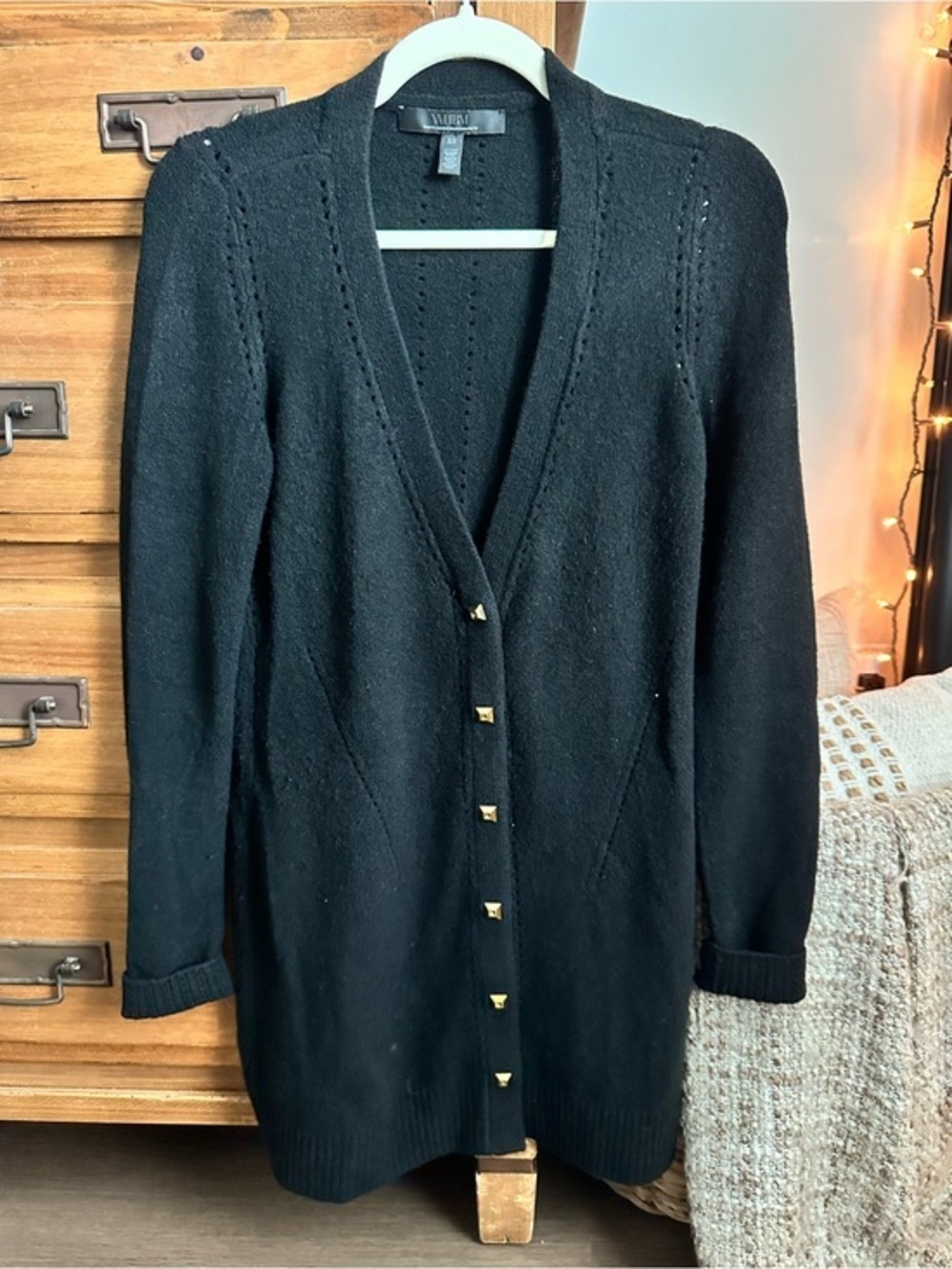 White House Black Market Black Longline Cardigan with Gold-Tone Stud Buttons